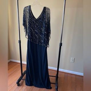 JKARA Long Beaded Short Sleeve Dress - Navy